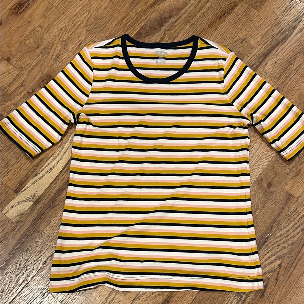 Duluth Trading Co Striped Tee in Pink, Mustard, and Navy